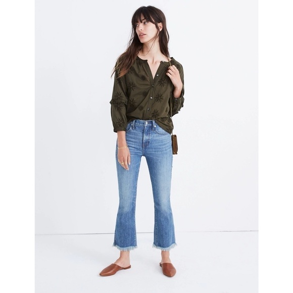 Madewell Embroidered Bubble Sleeve Blouse Top in Dark Olive - Picture 14 of 14